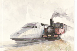 Aquarelle De Lucien JOVENEAUX - T.G.V. Et Locomotive à Vapeur Des "C.d. N" - Trains
