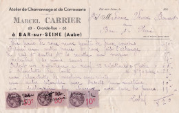 BAR SUR SEINE--10-- 193? -- Facture  ... Marcel CARRIER--Atelier Charronnage Et Carrosserie--Timbres Fiscaux - 1900 – 1949