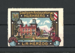 Reklamemarke Nürnberg, Stadtpark-Restauration L.R. Herzog, Gebäudeansicht & Wappen  - Erinnofilia