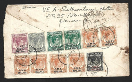 B.M.A. Multiple  Malaya Stamps On Cover From Penang  To India With Delivery  Cancellation (c762) - Malaya (British Military Administration)