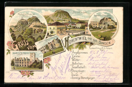 Lithographie Singen, Hohentwiel, Kirche, Hadwigs Schloss, Panorama  - Singen A. Hohentwiel