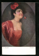 Künstler-AK Luis Usabal: Hübsche Frau Im Roten Kleid Mit Blume Im Haar /Mund  - Usabal