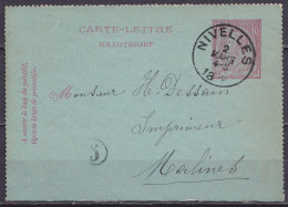 EP Carte-lettre 10c Rose (N°46) Càd NIVELLES /2 MARS 1888 Pour MALINES (au Dos: Càd MALINES) - Postbladen