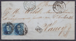 LSC (sans Contenu) Affr. Paire N°7 P105 Càd ST-NICOLAS /21 FEV 1858 Pour NANCY - Càd "BELG. /5/ LILLE" - [PD] (au Dos: C - 1851-1857 Medallions (6/8)