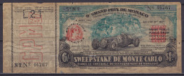 Billet D'entrée / Loterie 9e Grand Prix De Monaco - Course Interantionale D'Automobiles 8 Août 1937 "SWEEPSTAKE DE MONTE - Autorennen - F1