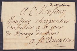 L. Datée 29 Août 1742 De MALINES Pour SAINT QUENTIN - Man. "de Malines" - 1714-1794 (Pays-Bas Autrichiens)