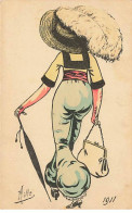 N°23606 - Illustrateur - Mille - Jeune Femme De Dos Portant Un Pantalon Et Un Grand Chapeau Avec Une Plume - Mode - Mille