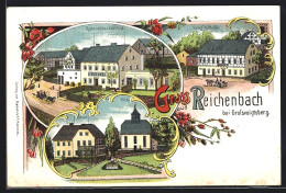 Lithographie Reichenbach B. Grossvoigtsberg, Restauration V. Emil Ziegs, Gasthof Reichenbach, Schule, Kirche  - Reichenbach I. Vogtl.