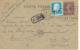 Tarifs Postaux Etranger Du 01-08-1926 (182) Pasteur N° 176 50 C. Sur  75 C.  + Entier Postal Semeuse 40 C Carte Postale - 1922-26 Pasteur