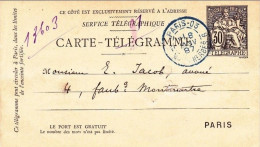 France CARTE TÉLÉGRAMME Type CHAPLAIN CPRP 30c Pour Paris, Cad Bleu PARIS Malesherbes 08/01/1887. Petite Perforation - Pneumatici