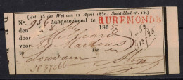 Afgiftebewijs Aangetekende Brief Van Roermond Naar Leuven (Belgie), 26 September 1865 - Altri & Non Classificati