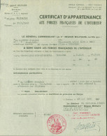 Guerre 40 Certificat D'appartenance FFI Forces Française De L'intérieur 1 6 44 / 22 8 44 Cachet 5e Région Militaire - 2. Weltkrieg 1939-1945