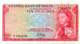 Malta 10 Shillings 1967 QEII P-28 Very Fine - Malte