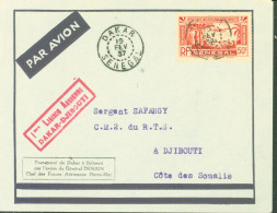 Sénégal YT Poste Aérienne N°2 Rouge 50c Cachet 1ère Liaison Aérienne Dakar Djibouti Dakar 19 FE 37 Vol Général Denain - Aéreo