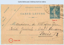 Entier FRANCE - Carte-lettre Date 338 écrite En Sténo Oblitéré - 25c Semeuse Bleu - Cartes-lettres