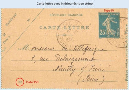 Entier FRANCE - Carte-lettre Date 350 écrite En Sténo Oblitéré - 25c Semeuse Bleu - Cartes-lettres