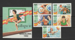 Cambodia 1992 Olympic Games Barcelona, Gymnastics, Weightlifting, Basketball Etc. Set Of 5 + S/s MNH - Zomer 1992: Barcelona