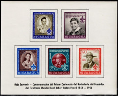 Nicaragua 1957, 100th Birthday Of Lord Robert Baden-Powell, The Founder Of The Scout Movement, MiNr. 1126-1130 Block 43 - Ungebraucht