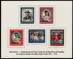 Nicaragua 1957, 100th Birthday Of Lord Robert Baden-Powell, The Founder Of The Scout Movement, MiNr. 1136-1140 Block 44 - Ongebruikt