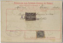 Brazil 1914 Money Order From Caetité To Salvador Bahia Vale Postal Stamp 20$ Réis Próceres 300 Rs Floriano Peixoto - Covers & Documents