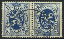 België KP8 - Heraldieke Leeuw - Lion Héraldique - 50c Blauw - Gestempeld - Kopstaande - Tête-bêche - Tete Beche [KP] & Interpaneles [KT]