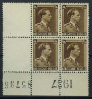 België 427 ** - Koning Leopold III - Blok Van 4 Met Hoekbladboord - Met Nummer En Jaartal - Dated Corners