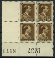 België 427 ** - Koning Leopold III - Blok Van 4 Met Hoekbladboord - Met Nummer En Jaartal - Dated Corners