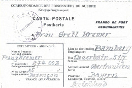 CP Du 19/5/1946 Dépôt Prisonniers De Guerre De L'axe N° 85 Besançon Pour Bamberg Allemagne Kriegsgefangenpost - Guerra De 1939-45