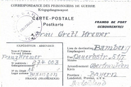 CP Du 19/5/1946 Dépôt Prisonniers De Guerre De L'axe N° 85 Besançon Pour Bamberg Allemagne Kriegsgefangenpost - Guerra Del 1939-45