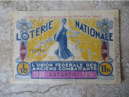 Lot De 2 Billets - Billet De Loterie Nationale Union Féderale Des Anciens Combattants 1937 Et 1938 - Billets De Loterie