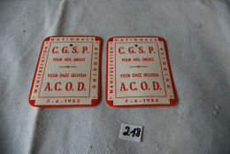 C218 2 Autocollants - CGSP - 1953 - Pegatinas