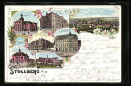 Lithographie Stollberg I. Erzgeb., Rathaus, Hotel Weisses Ross, Kaiserl. Postamt, Schloss Hoheneck, Totalansicht  - Stollberg (Erzgeb.)