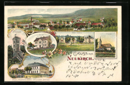 Lithographie Neukirch, Gesamtansicht, Gasthof Zum Erbgericht, Kirche, Schule, Villen-Colonie  - Neukirch (Lausitz)