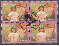 C 2418 Brazil Stamp Madalena Caramuru Literacy Woman Indian 2001 Block Of 4 CBC BA - Neufs