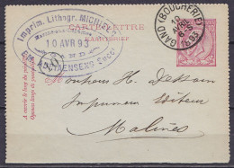 EP Carte-lettre 10c Rose (N°46) Càd GAND (BOUCHERIE) /10 AVRIL 1893 Pour MALINES (au Dos: Càd Arrivée MALINES (STATION)) - Cartas-Letras