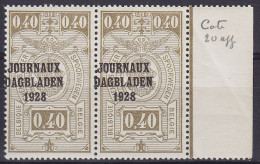 Belgique - Journaux - Paire De JO3 ** 40c Olive - Surcharge Fortement Décalée - BdF 1928 - Zeitungsmarken [JO]