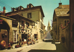 SIERRE, VALAIS, ARCHITECTURE, CHURCH, TOWER WITH CLOCK, SHOP, SWITZERLAND, POSTCARD - Sierre