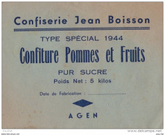 Y4- ETIQUETTE - AGEN - CONFISERIE JEAN BOISSON - CONFITURE POMMES & FRUITS PUR SUCRE - TYPE SPECIAL 1944 - (14 X 11) - Fruits Et Légumes