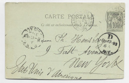 FRANCE ENTIER SAGE 10C DEFAUT ?? TYPE A NOTRE DAME LIESSE AISNE 1893 POUR NEY YORK ETATS UNIS USA - Overprinter Postcards (before 1995)