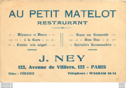 PARIS XVII 122 AVENUE DE VILLIERS AU PETIT MATELOT RESTAURANT CARTE PUBLICITAIRE 12 X 8 CM - Paris (17)