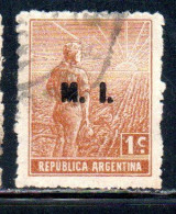 ARGENTINA 1912 1914 OFFICIAL DEPARTMENT STAMP AGRICULTURE OVERPRINTED M.I. MINISTRY OF THE INTERIOR MI 1c USED USADO - Oficiales
