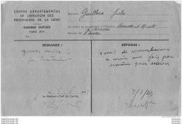 DOCUMENT CENTRE DEPARTEMENTAL DE LIBERATION DES PRISONNIERS DE LA SEINE CASERNE DUPLEIX 1945 - Documentos Históricos