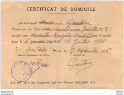 CERTIFICAT DE DOMICILE RUE ETIENNE JODELLE PARIS SEPTEMBRE 1946 - Documentos Históricos