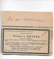 FP Nécrologie Docteur Thierry Goyens Antwerpen 1976 La Libre Belgique - Décès