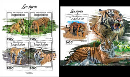 Togo 2023, Animals, Tigers, 4val In BF +BF - Big Cats (cats Of Prey)