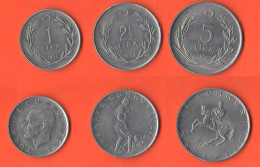 Turkey 1 + 2 - 1/2 + 5 Lira 1971 1973 1977 Nickel E Steel Coin - Turquia