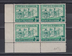 Yugoslavia 1937 Petite Entente 3 Din Value Bl Of 4 Perf 11.5 ** Mnh (59282) - Idee Europee