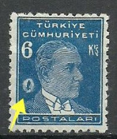 Turkey; 1931 1st Ataturk Issue Stamp 6 K. "Printing Stain" - Ongebruikt