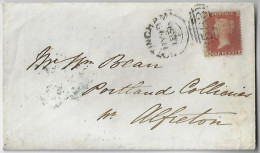 Great Britain 1859 Cover From Nottingham To Alfreton Stamp 1 Penny Red Perforate Corner Letter MF Queen Victoria - Brieven En Documenten