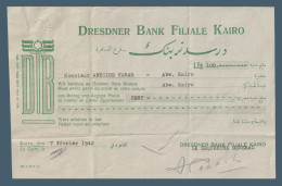 Egypt - 1942 - Vintage Check - ( Dresdner Bank Filiale - Cairo ) - Chèques & Chèques De Voyage